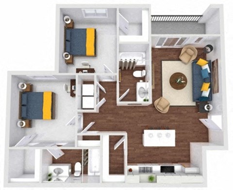 A top-down view of a small apartment with a kitchen, living room, and bedroom.